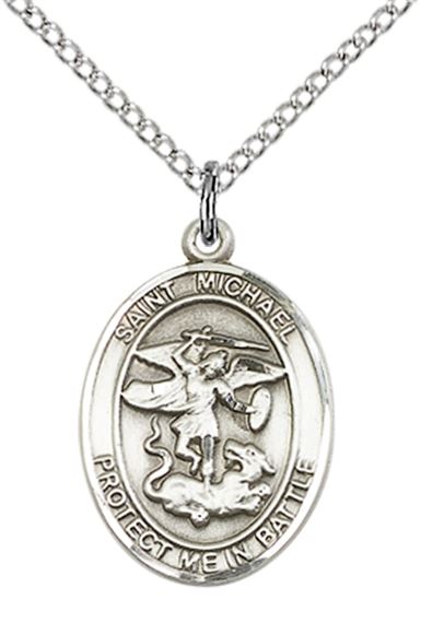 STERLING SILVER ST MICHAEL PENDANT ON A CHAIN - 3/4" x 1/2"